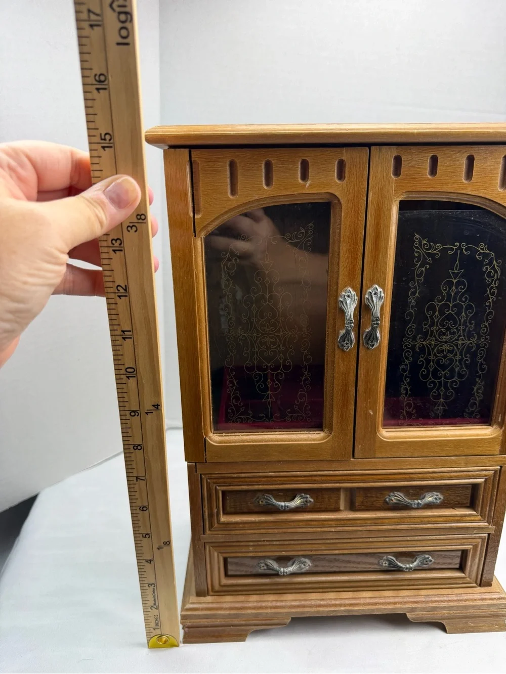 Vintage Wood 2 Door Jewelry Box Armoire Style Cabinet  Organizer &  Drawer